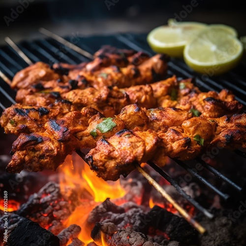 Chicken tikka kabab being grilled over charcoal. Generative AI
