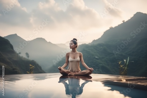 Beautiful Attractive Asian woman practice yoga. Generative.AI