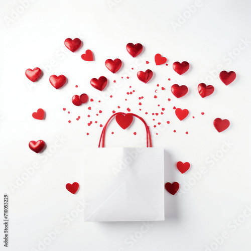 Valentine's Day background. White paper bag, red hearts and gift on white background. Valentine day concept Generative Ai
