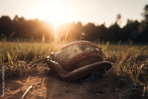 Baseball in glove in the lawn at sunset in the. Generative.AI