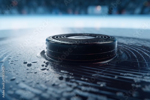 black hockey puck on ice rink. Generative AI