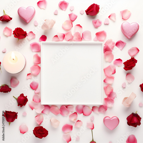 Valentine's Day. Frame made of rose flowers, gifts, candles, confetti on white background. Valentines day background. Flat lay, top view, copy space. Generative AI