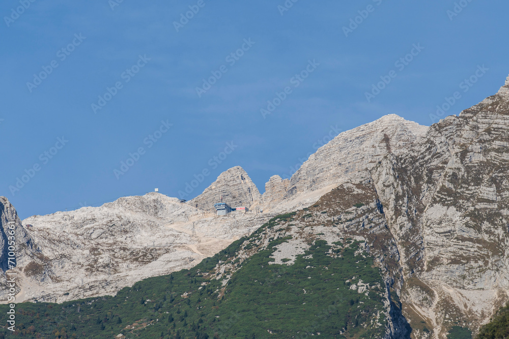 Mount Kanin and cable car station, Bovec, julian alps. Slovenia, Central Europe,