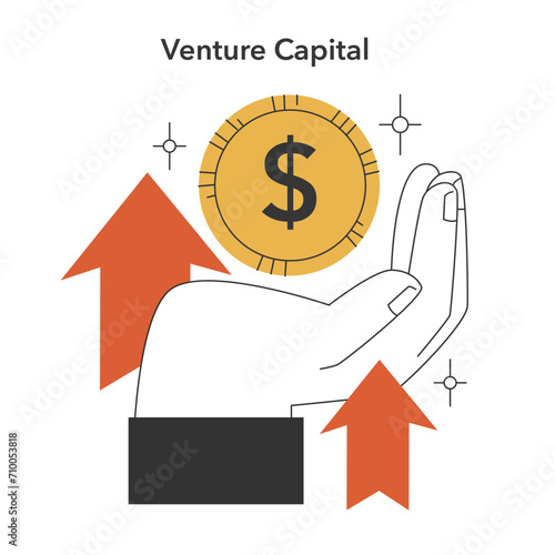 Investment growth concept. Hand cradling a coin representing venture capital, with arrows indicating financial ascent and investor confidence. Empowering startups. Flat vector illustration