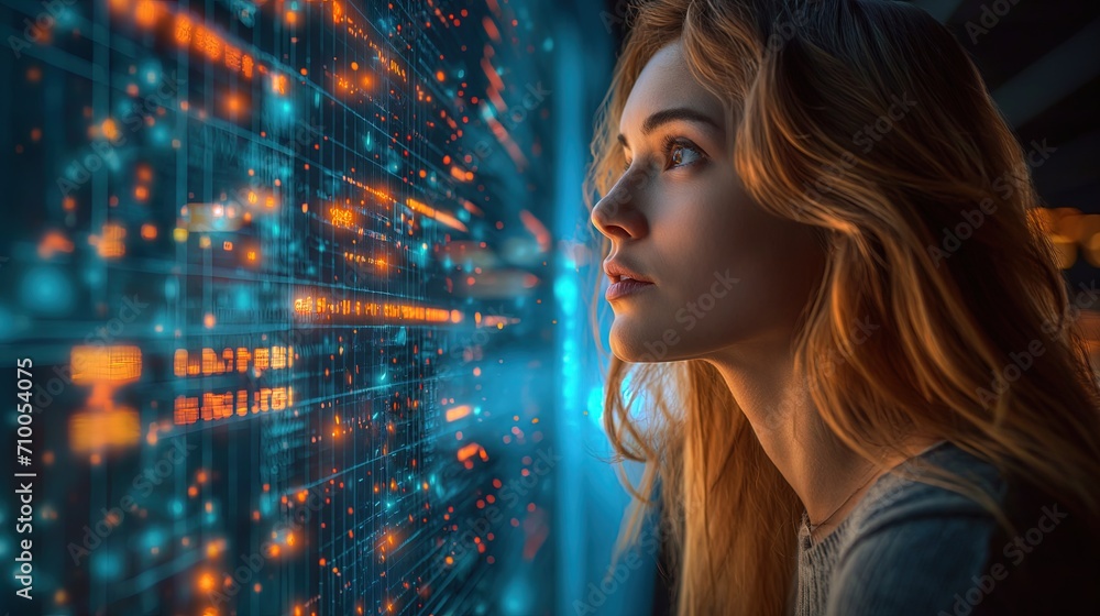 Woman Look at monitor data social Woman Look at monitor data social