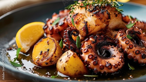 Grilled octopus with potato. Generative AI. photo