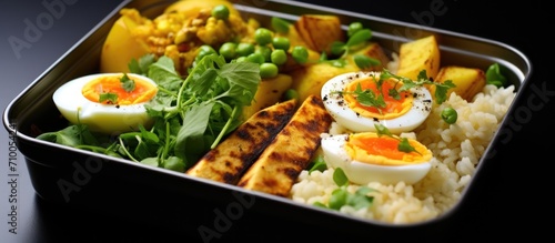 Curry fish, veggies, boiled eggs, tofu, and truffle risotto in a lunch box © TheWaterMeloonProjec