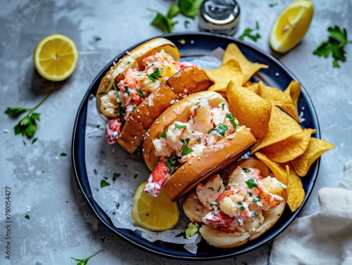 Two delicious lobster roll sandwiches overflowing with succulent meat, garnished with parsley on a plate with potato chips.. photo