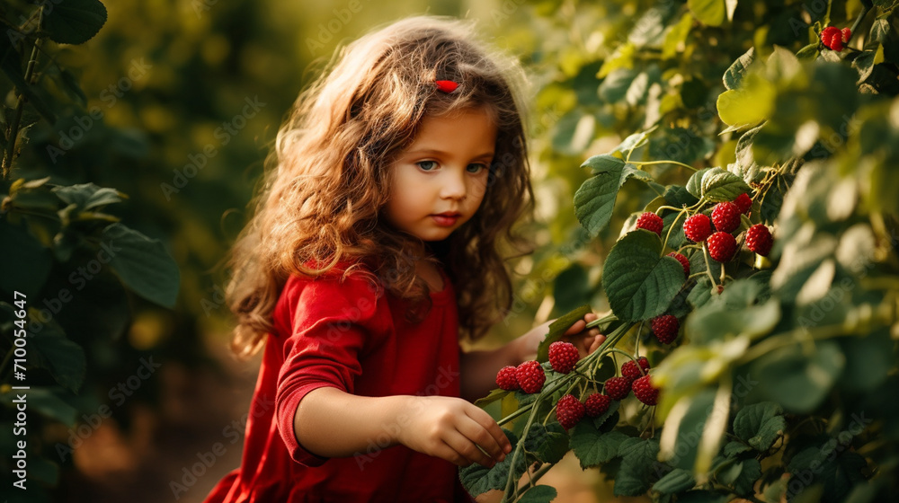 the girl plucks raspberries from the bush.Generative AI the girl plucks raspberries from the bush.Generative AI