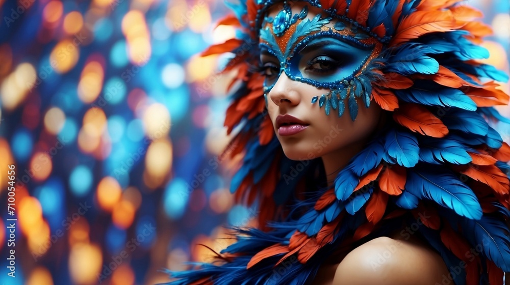 beautiful girl in a colorful sumptuous carnival feather suit Realistic luxury carnival mask with blue feathers. Abstract blurred background, gold dust, and light effect created with generative ai - obrazy, fototapety, plakaty 