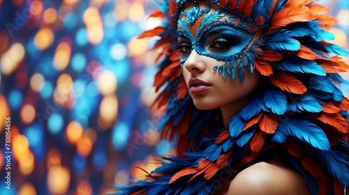 beautiful girl in a colorful sumptuous carnival feather suit Realistic luxury carnival mask with blue feathers. Abstract blurred background, gold dust, and light effect created with generative ai photo