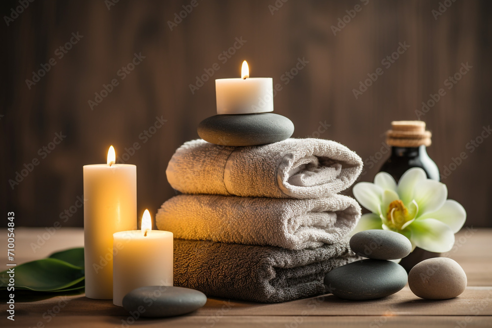 studio closeup image of candles stones and towels, Spa theme created with Generative Ai studio closeup image of candles stones and towels, Spa theme created with Generative Ai