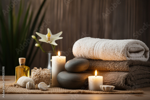 studio closeup image of candles stones and towels  Spa theme created with Generative Ai