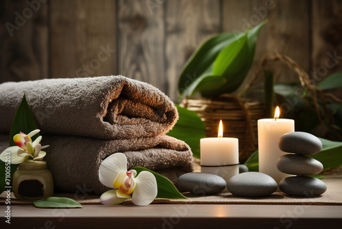 studio closeup image of candles stones and towels, Spa theme created with Generative Ai