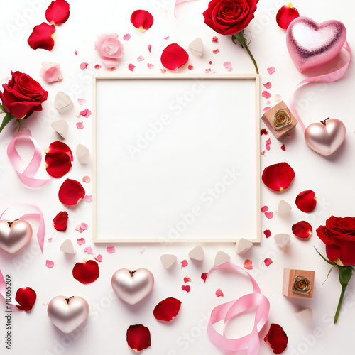Valentine's Day. Frame made of rose flowers, gifts, candles, confetti on white background. Valentines day background. Flat lay, top view, copy space. Generative AI