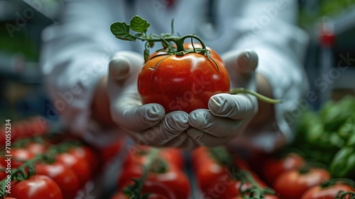 A scientist holding tomato in lab. Generative AI.