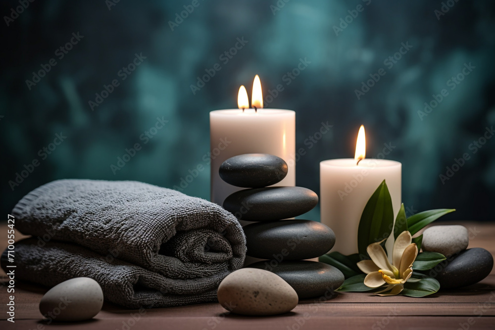 studio closeup image of candles stones and towels, Spa theme created with Generative Ai studio closeup image of candles stones and towels, Spa theme created with Generative Ai