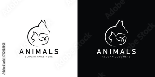 Creative Animals Logo. Dog Cat Bird with Linear Outline Style. Pet Care Logo Icon Symbol Vector Design Template.