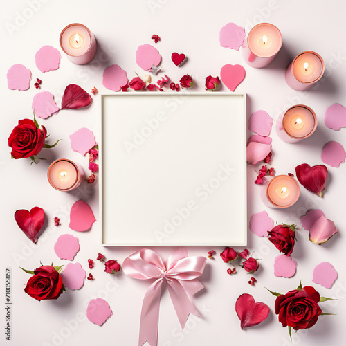 Valentine's Day. Frame made of rose flowers, gifts, candles, confetti on white background. Valentines day background. Flat lay, top view, copy space. Generative AI