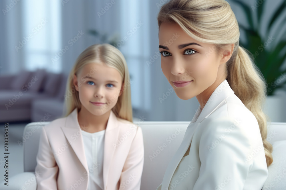 Mother and daughter looking at camera while sitting on sofa in living room Mother and daughter looking at camera while sitting on sofa in living room