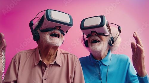 Grandma and grandpa using VR headset against pastel color background. Generative AI.