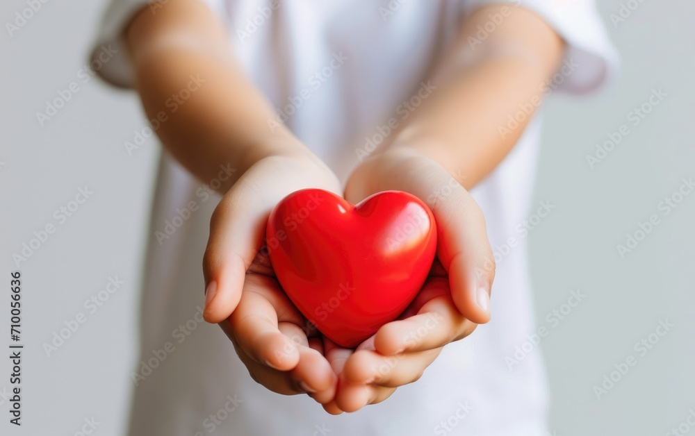 Child's hand holding a red heart, white background Child's hand holding a red heart, white background