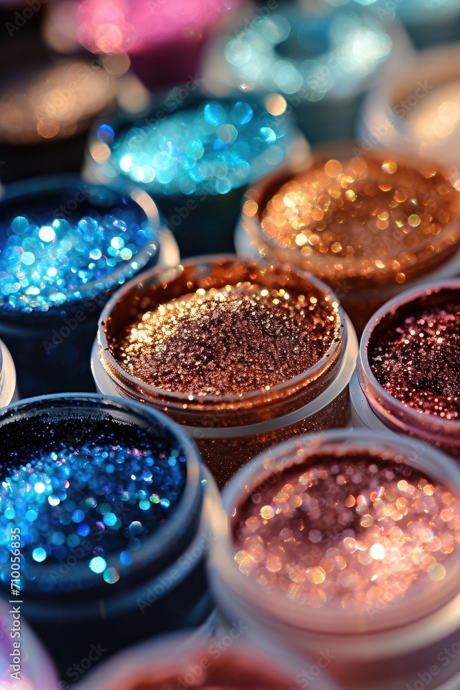 Close up of glitter eyeshadows in plastic containers. Generative AI. Close up of glitter eyeshadows in plastic containers. Generative AI.