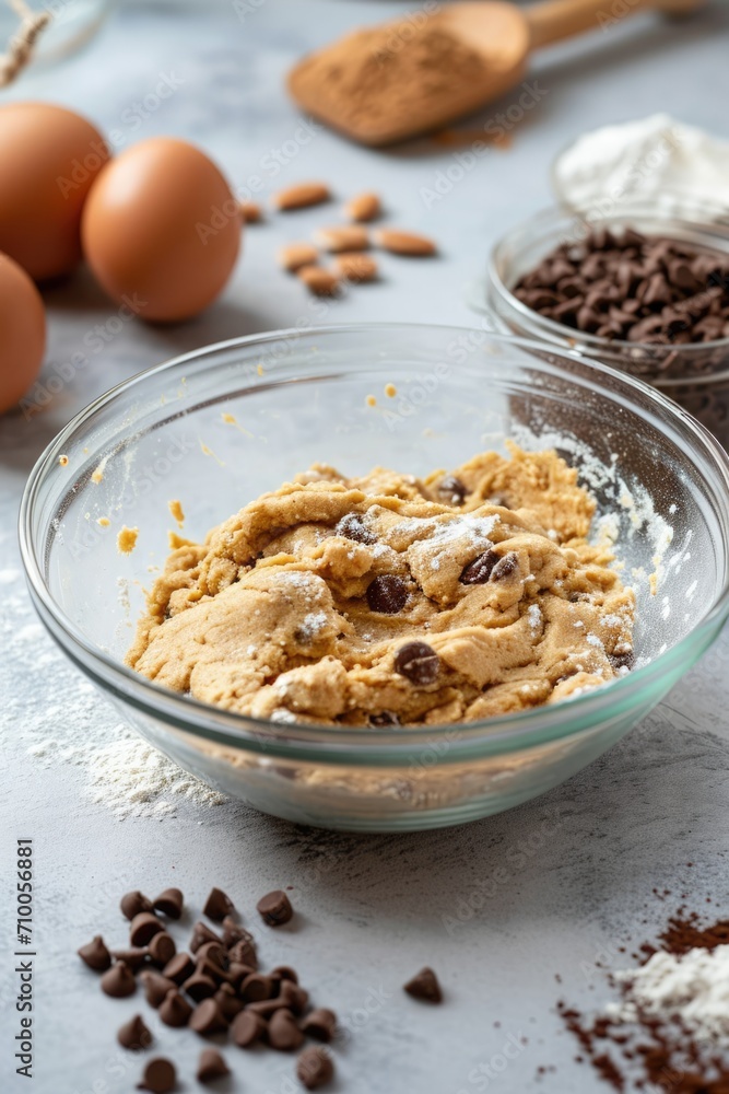 Creamy cookie dough in a mixing bowl with chocolate chips, surrounded by baking ingredients like eggs and flour on a marble kitchen counter.. Creamy cookie dough in a mixing bowl with chocolate chips, surrounded by baking ingredients like eggs and flour on a marble kitchen counter..