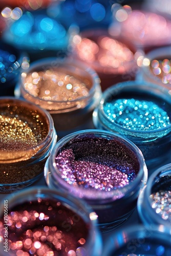 Close up of glitter eyeshadows in plastic containers. Generative AI.