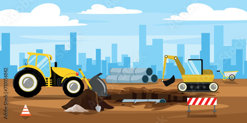 Vector illustration of pipe laying process. Cartoon scene of laying pipes: excavator, tractor, shovel, wheelbarrow, pit with pipes, signal cone, silhouettes of houses.