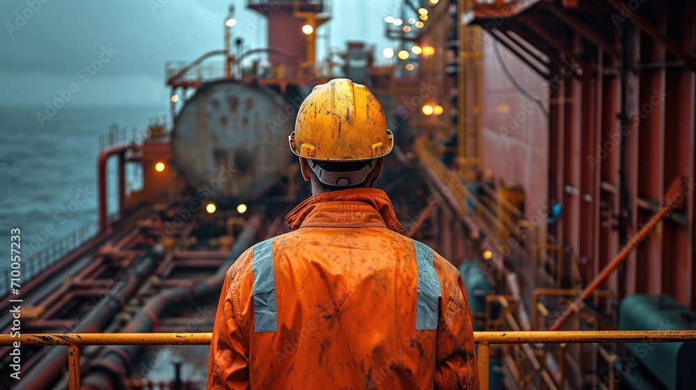 Fototapeta premium Engineer in Hard Hats Stand in ship vessel. Generative AI.