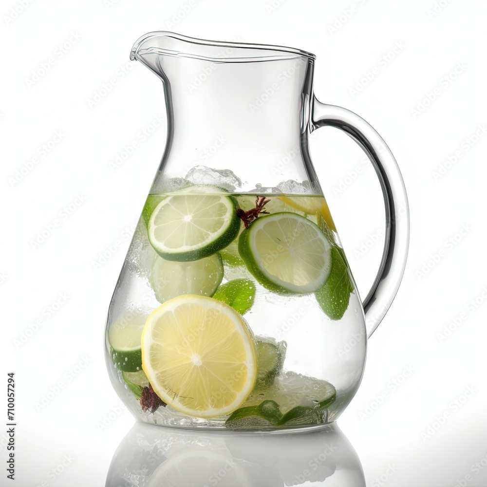 glass jug with fresh drink on white background glass jug with fresh drink on white background