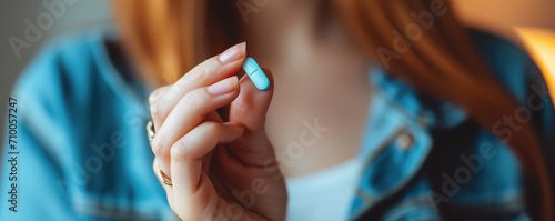 Woman holds painkiller pill in her hand photo