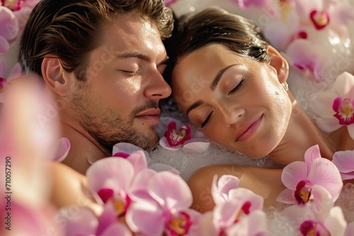 A couple man and woman enjoying a romantic spa day in a tropical spa with many orchids flowers