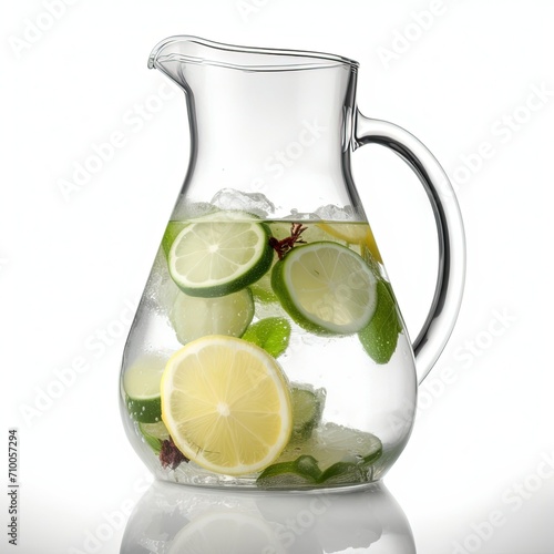 glass jug with fresh drink on white background