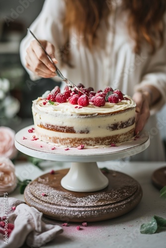 A person decorates a homemade layer cake with fresh raspberries and powdered sugar, creating an enticing dessert presentation..