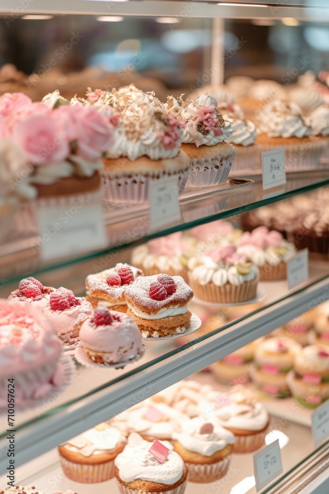 A selection of beautifully decorated pastries, including cupcakes and cream-filled delights, displayed in a patisserie case.. A selection of beautifully decorated pastries, including cupcakes and cream-filled delights, displayed in a patisserie case..
