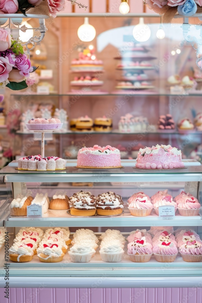 A selection of beautifully decorated pastries, including cupcakes and cream-filled delights, displayed in a patisserie case.. A selection of beautifully decorated pastries, including cupcakes and cream-filled delights, displayed in a patisserie case..