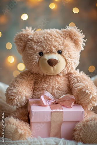 Soft teddy bear near a gift box, present for a girl