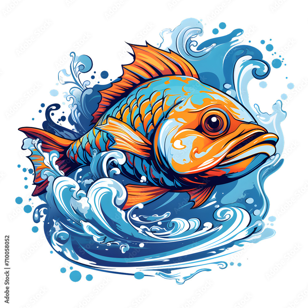 golden koi amidst the waves, vibrant color, t-shirt design, isolated on white