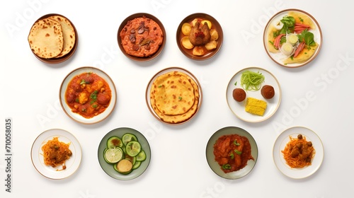 Indian food isolated on white background. Top view of various Indian meals in bowls.