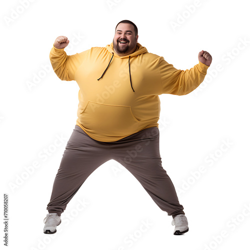 Happy fat man starting to exercise on PNG transparent background