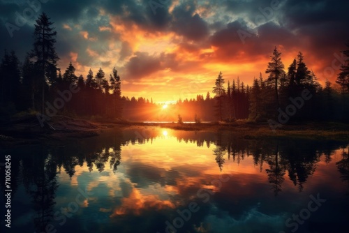 background, Sunrise over a tranquil lake , Serene sunrise over a calm lake, with golden hues reflecting on the water.., sunset over lake