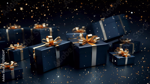 Image of shiny presents on navy blue background 