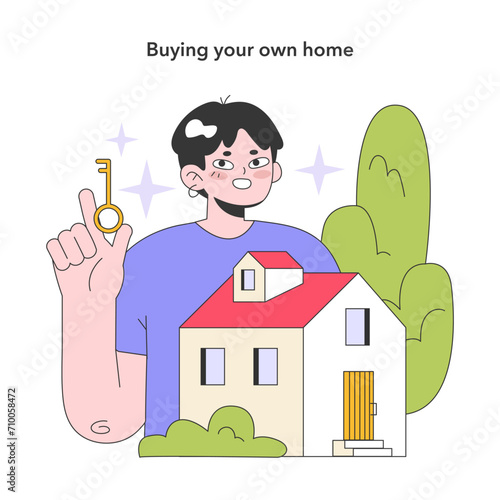 Youth and adulthood years. Life milestones. Young male character getting old and gain new experience. Flat vector illustration