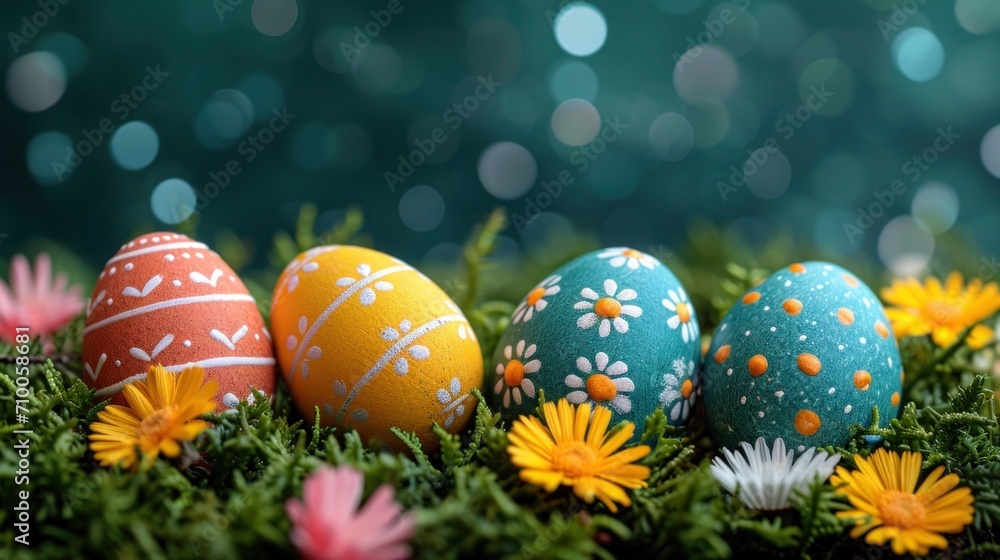Fototapeta premium easter eggs on green grass, easter banner, a serene spring scene with a fluffy chick and delicate pink eggs.