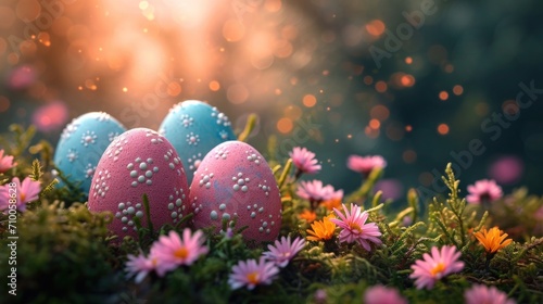 pink easter eggs in grass, easter banner , Fluffy Easter chick with pink decorated eggs among blossoms..