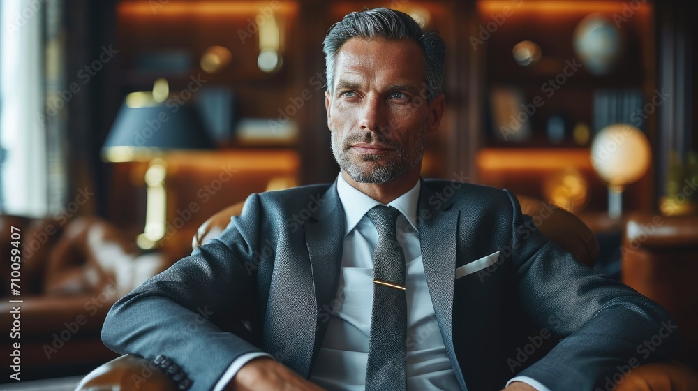 A businessman sits with an air of quiet confidence in a traditional office. Generative AI. A businessman sits with an air of quiet confidence in a traditional office. Generative AI.