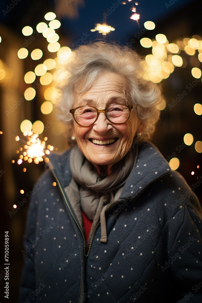 portrait of happy aged woman at festive new year party with fireworks background.Generative AI portrait of happy aged woman at festive new year party with fireworks background.Generative AI