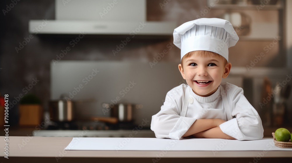 Young chef in action: Happy little boy in chef's toque and jacket with a white board Young chef in action: Happy little boy in chef's toque and jacket with a white board